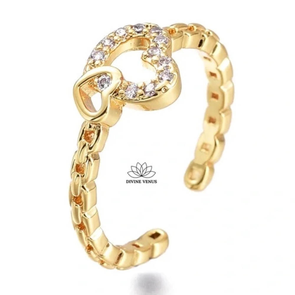 Double Heart Open Cuff Ring | Gold Plated Brass & Cubic Zirconia - Picture 2 of 5